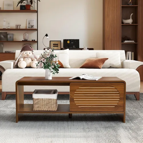 Vista 17 de Mesa de centro pequeña acanalada, mesa de centro de madera ovalada de estilo rústico de mediados de siglo, mesa central moderna estilo bohemio