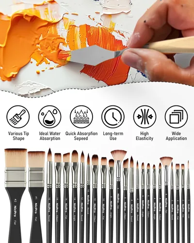 Vista 9 de Nicpro Juego de 26 pinceles de pintura, pinceles profesionales con cuchillo de paleta, pinceles de pintura para manualidades para pintura acrílica