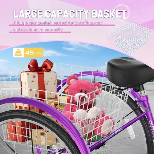 Vista 5 de Outroad - Triciclo Comfort de 24/26 pulgadas, triciclo de crucero de 1 velocidad, bicicletas de 3 ruedas con cesta grande para personas mayores