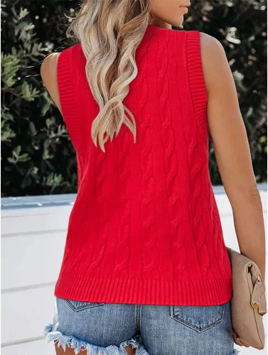 Vista 2 de Fisoew Suéter de punto sin mangas con cuello en V para mujer, estilo casual