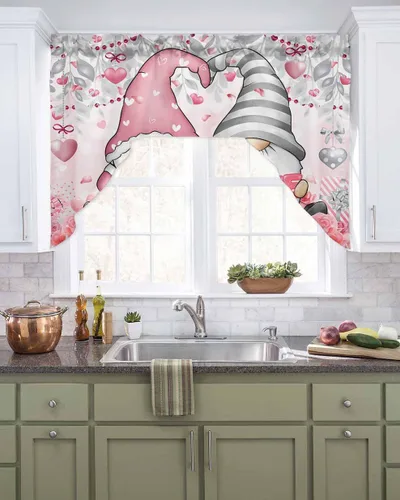 Vista 23 de Cortinas de Gnomos de San Valentín con Cenefa para Cocina, Cortinas con Bolsillo para Barra para Dormitorio, Sala de Estar, Baño, Cafetería, Negro