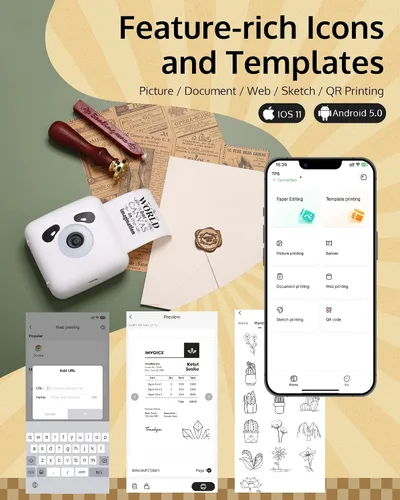 Vista 2 de OFFNOVA Mini impresora de calcomanías, impresora portátil sin tinta de 300 DPI, impresora de bolsillo Bluetooth con 1 rollo de papel adhesivo