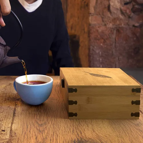 Vista 6 de Caja Organizadora de Té de Bambú Sin Químicos Ecológica Grande, Alta, Compartimentos Ajustables Baúl de Almacenamiento de Madera Natural