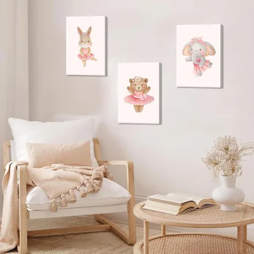 Vista 5 de 3 piezas de lienzo de animales de bailarina rosa, arte de pared, lindo elefante, conejo, oso, decoración de pared, imágenes de guardería, habitación