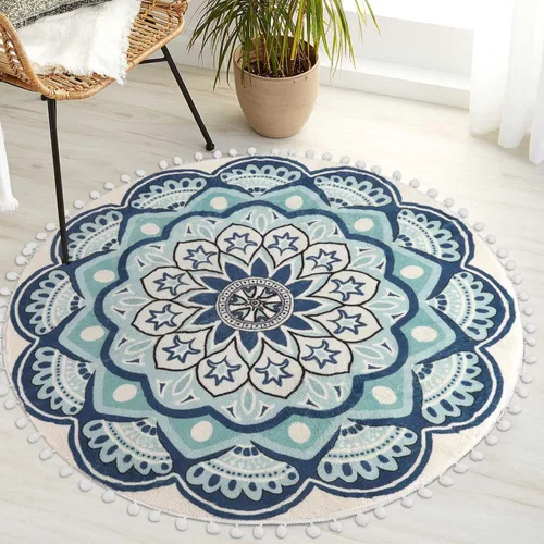 Vista 8 de Uphome Alfombra redonda pequeña de 2.3 pies, color azul, bohemia, con flecos de pompones, antideslizante, lavable, tapete de baño circular
