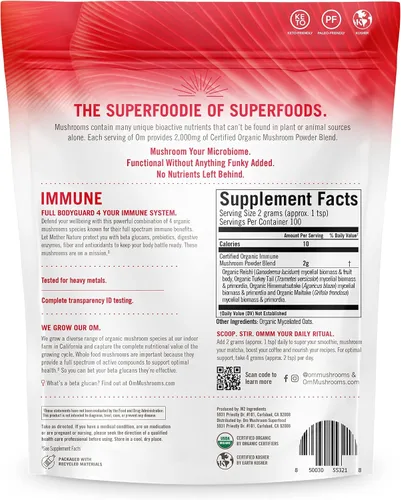 Vista 7 de OM MUSHROOM SUPERFOOD Suplemento de superalimento en polvo de hongos de mezcla inmunológica, bolsa de 7.05 onzas, 100 porciones, mezcla de hongos