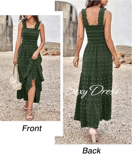 Vista 5 de MASCOMODA Vestido largo bohemio sin mangas fruncido para mujer, con tirantes de hombro sólidos, lunares suizos, acampanado, para fiesta, escalonado