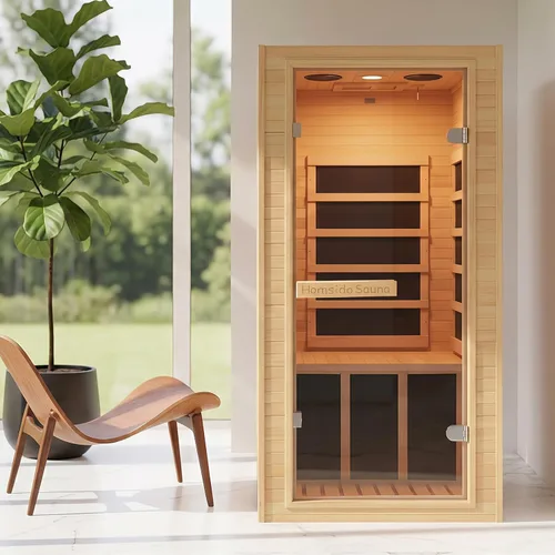 Vista 30 de Sala de sauna de infrarrojo lejano de 1350W para el hogar, sauna de madera canadiense de Hemlock de calentamiento rápido bajo EMF, luz de sauna que
