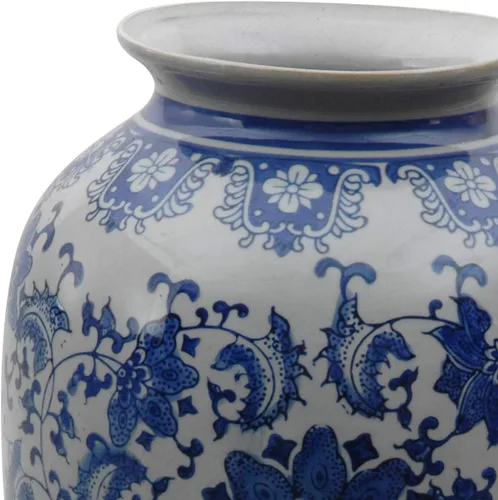 Vista 3 de Red Lantern Jarrón Tung Chi de porcelana floral azul y blanca de 14 pulgadas