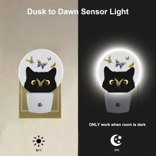 Vista 2 de EKOBLA Luces nocturnas con forma de gato y mariposas, enchufables a la pared, mariposa en la nariz del gato, lindas luces nocturnas enchufables