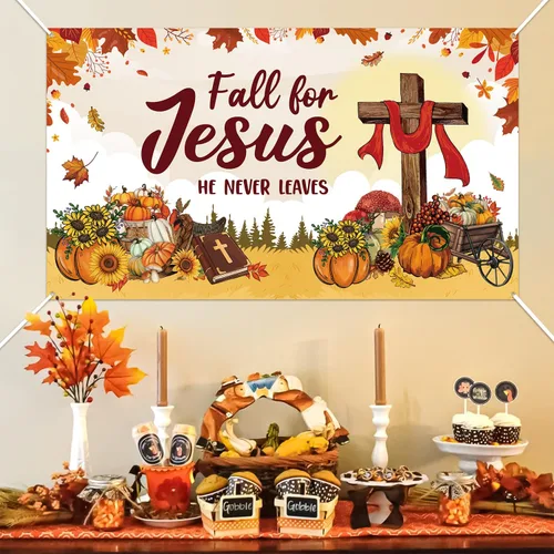 Vista 5 de WATINC Decoración de pancarta extragrande de otoño para Jesús, con texto en inglés "Fall for Jesus" ("Fall for Jesus", "El nunca deja"), fondo