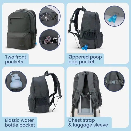 Vista 4 de The Original Doggy Bag Backpack (gris oscuro) – Mochila de viaje para perros con 2 cuencos plegables, bolsa de golosinas, contenedor de alimentos