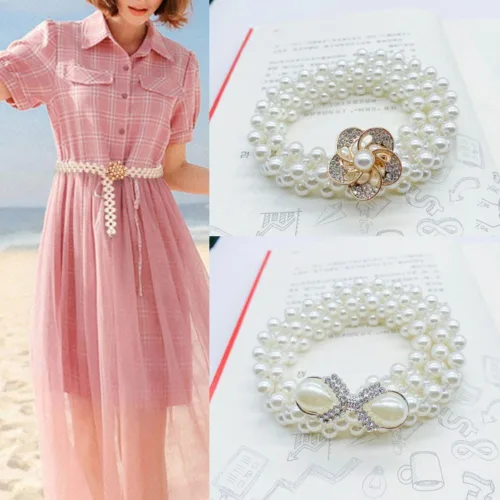 Vista 2 de Cinturón elástico Accesorios de ropa Cadena de cintura elegante Retro Elástico Perla Cinturón para Mujer(7), Blanco