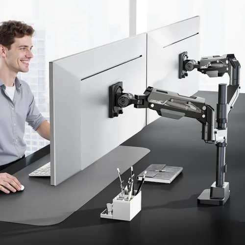 Vista 8 de ARES WING Soporte vertical para monitor doble, brazos de monitor de aluminio resistente de 24-57 pulgadas para 2 monitores, soporte de monitor