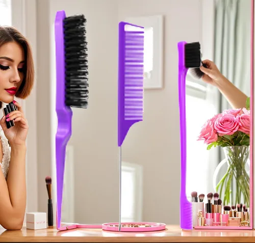 Vista 4 de Peine morado de 3 piezas, juego de cepillos de espalda lisa, cepillo ventilado, peine de dientes anchos, cepillo de burlas para alisar el cabello