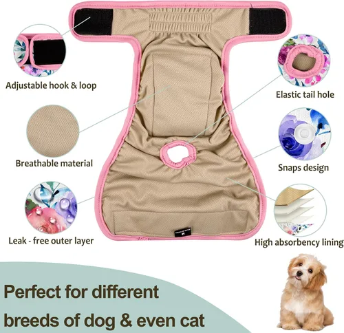 Vista 5 de Pañales para perras hembra, pañales reutilizables para perritos en celo, altamente absorbentes para la incontinencia de mascotas, con broches