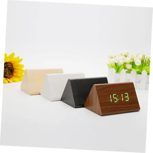 Vista 6 de Moderno reloj de escritorio LED de madera con control de sonido, pantalla digital grande, alarma con función de repetición, termómetro