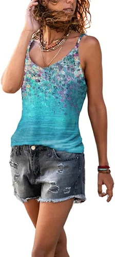 Vista 4 de Janepam Camisola de verano para mujer, estampado floral, bohemio, étnico, sin mangas, tirantes delgados, blusa sin mangas