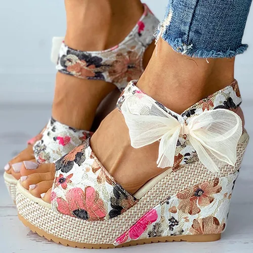 Vista 4 de AIHOU Sandalias para mujer, sandalias de plataforma con diseño de flor, pescado, boca de cuña, sandalias casuales con tiras al tobillo para verano