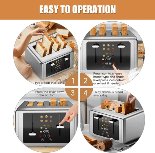Vista 7 de WUNLY Tostadora de 4 rebanadas, pantalla táctil y panel de control independiente dual, 5 funciones básicas y tostadoras con cuenta regresiva Plateado