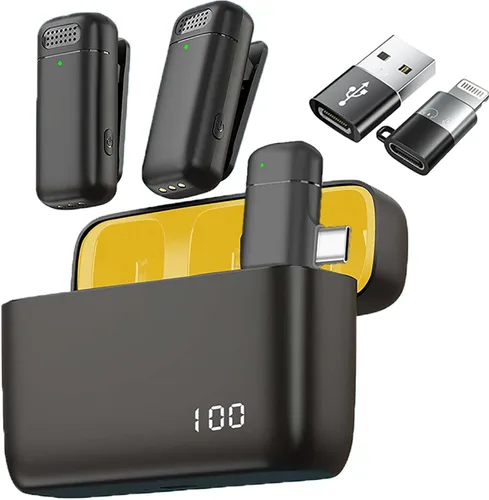 Vista 8 de 2 micrófonos de solapa inalámbricos 3 en 1 para iPhone, iPad, USB C, Android, portátil, con estuche de carga, clip en la solapa, mini micrófono
