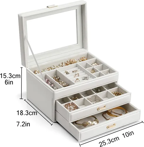Vista 2 de Jewelry Box Women Jewelry Organizer Box, Portable Travel Jewelry Case 3 Layer Large Display Jewelry Box for Earring Ring Necklace Jewelry Organizer