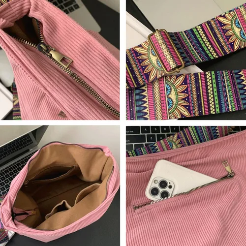 Vista 3 de Bolso de mano de pana para mujer, bolso de hombro grande para mujer, estilo bohemio, casual