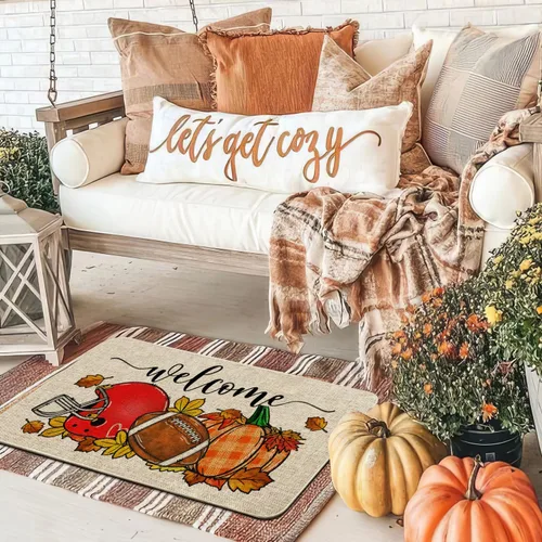 Vista 4 de Baccessor Tapete de fútbol de otoño para interiores y exteriores, diseño de calabaza, otoño, deportes, día de juego, bienvenida, puerta delantera