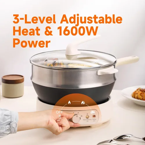 Vista 5 de Joydeem Sartén eléctrica de 5 cuartos de galón, sartén antiadherente de hierro puro con tapa de vidrio y estante de vapor, control de calor de 3