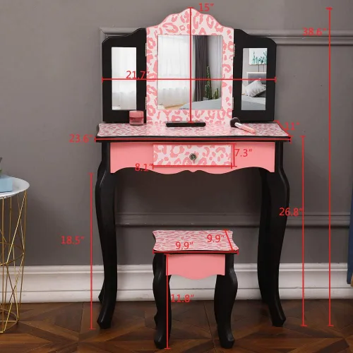 Vista 7 de Juego de maquillaje para niños, juego de tocador y silla para niños y niñas con cajón y tres espejos