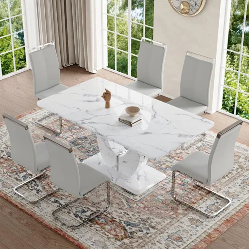 Vista 11 de JUFU Juego de mesa de comedor moderno para 4, juego de mesa de cocina rectangular de 63 pulgadas con mesa de mármol sintético y 4 sillas tapizadas