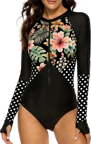 Vista 8 de SELINK Traje de baño de una pieza de manga larga para mujer, protección UV, con cremallera, estampado de surf