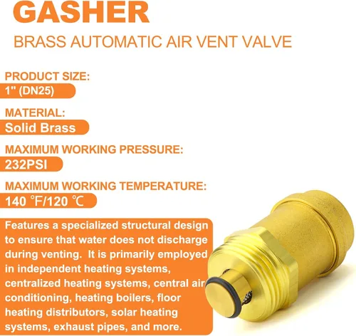 Vista 3 de GASHER Válvula automática de ventilación de aire, válvula de liberación de aire DN15 de 1 pulgada, válvula de purga de aire de latón