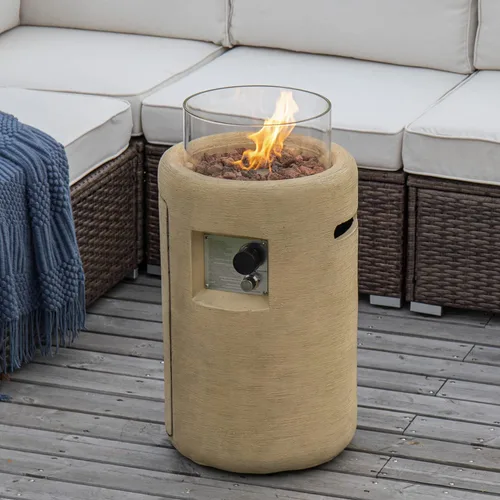 Vista 6 de COSIEST Mesa para fogata de propano para exteriores con base compacta de piedra angular redonda de grafito de 16 pulgadas y protector de viento