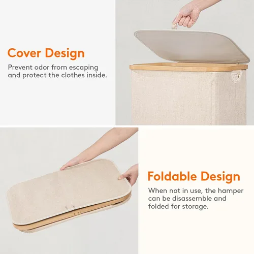 Vista 7 de Lifewit Cesta de lavandería de 80 litros con tapa, cestas de ropa para lavandería con asas de bambú y una bolsa de lavandería extraíble, cesta