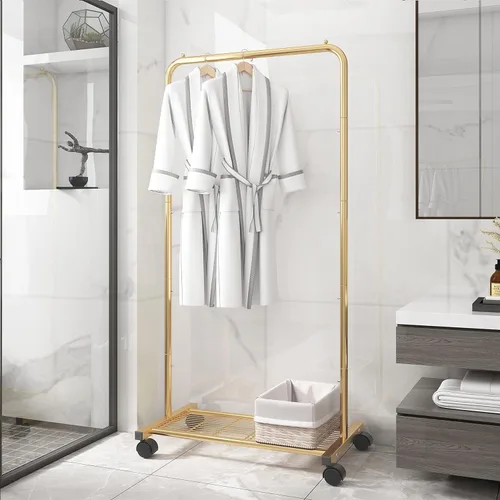 Vista 6 de Simple Trending - Perchero estándar para ropa con ruedas y estante de almacenamiento de malla en color amarillo dorado