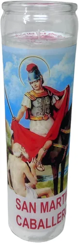 Vista 4 de Veladora de rezo San Martín Caballero oración al reverso en español para problemas económicos 14 oz vaso grande una pieza Blanca sin esencia