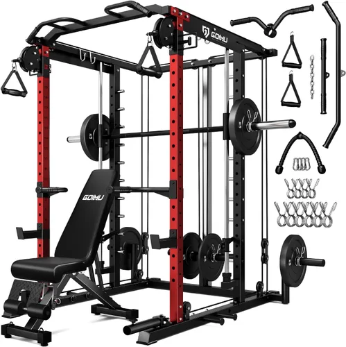 Vista 23 de Máquina S1-V4 Smith, jaula de potencia de 2000 libras con sistema de cruce de cables, estante de sentadillas todo en uno con barra Smith