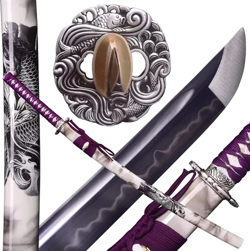 Vista 9 de Espada Katana Hecha a Mano, Espada Samurai Japonesa de Acero al Carbono T10, Templada en Arcilla, Espiga Completa, 40.5 Pulgadas/103 cm
