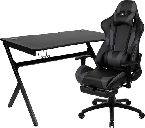 Vista 54 de Flash Furniture Juego de escritorio para juegos negro y silla de carreras blanco/negro con soporte para tazas, gancho para auriculares y soporte