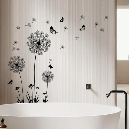 Vista 4 de 2 hojas de calcomanías de pared de flores silvestres de diente de león, calcomanías de arte para pared, despegar y pegar, mariposas florales