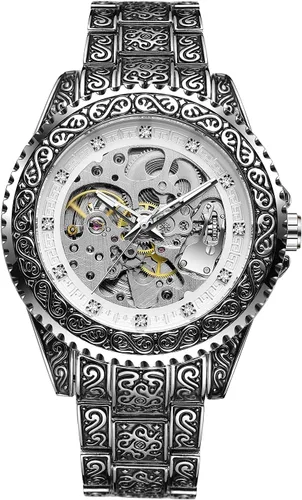 Vista 6 de FORSINING Reloj automático con grabado de esqueleto para hombre, resistente al agua, reloj de pulsera de cuerda automática