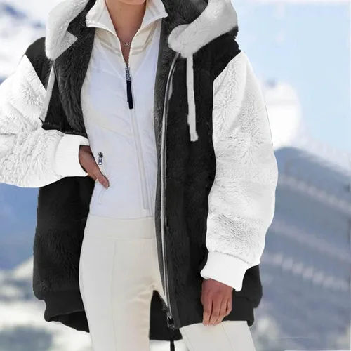 Vista 2 de Chaqueta mullida con cremallera para mujer sudadera de manga larga abrigo de peluche con bolsillos Beige