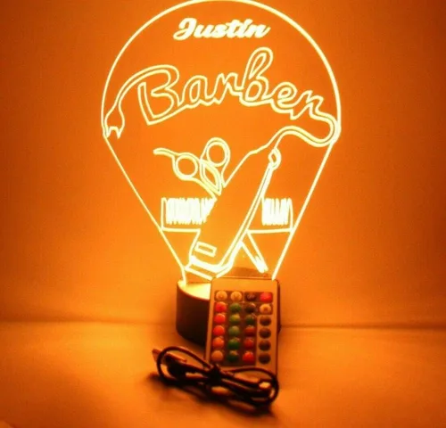 Vista 6 de Barbería peluquería corte peine silla tijeras afeitado hombres noche luz LED grabado personalizado nombre personalizado escritorio lámpara de mesa