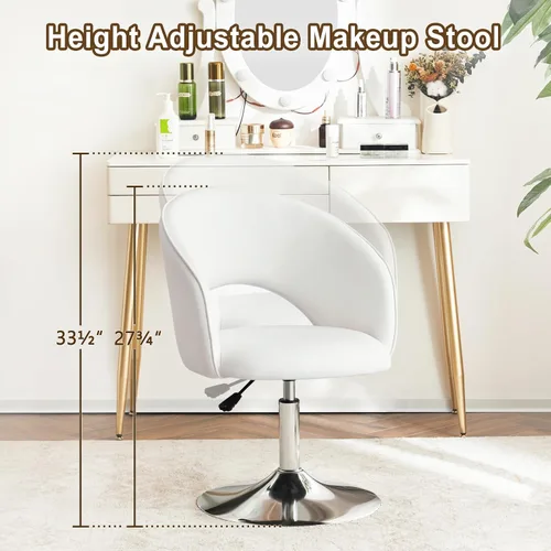 Vista 2 de Furnimart Silla de Tocador de Cuero Blanco, Taburete de Tocador con Altura Ajustable, Silla Giratoria con Respaldo, Silla Redonda de Maquillaje