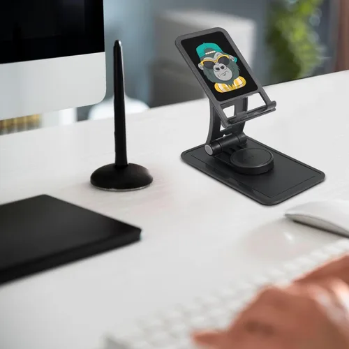 Vista 2 de Divertido soporte de teléfono de mono para escritorio, ajustable, accesorios de viaje de oficina para teléfono móvil/iPad/tableta, soporte para Negro