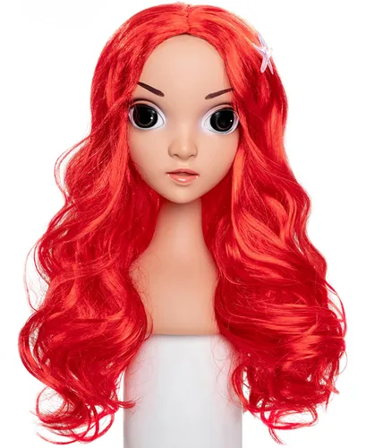 Vista 2 de Funna Peluca de sirena para niñas, disfraz de princesa con horquilla de estrella de mar para Halloween, cosplay, rojo, L