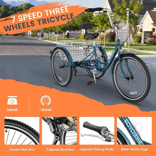 Vista 5 de MOONCOOL Adult Tricycles 3 Wheel 7 Speed Trikes, 20/24/26 inch Adult Trikes 3 Wheeled Bike with Basket for Seniors, Women, Men