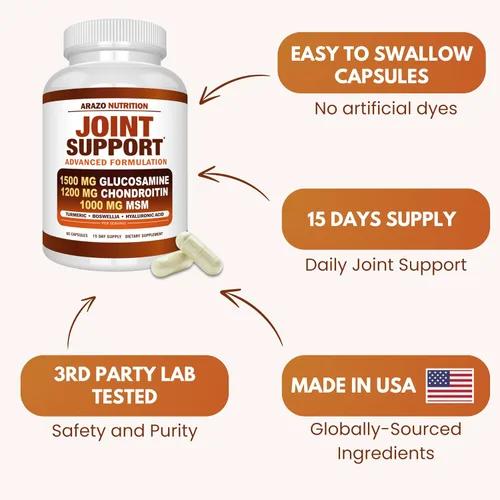 Vista 6 de Arazo Nutrition Glucosamina Condroitina Cúrcuma MSM Boswellia - Suplemento para el alivio de las articulaciones 60 cápsulas para huesos, espalda