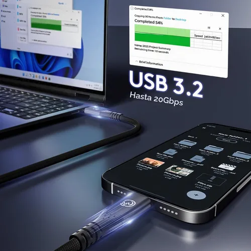 Vista 4 de Cable flexible USB C a USB C 3.2 Gen 2x2 de 1 pie, 2 unidades, cable USBC